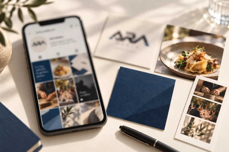 Applicazione illustrativa ARA Media con smartphone, contenuti social e fotografie